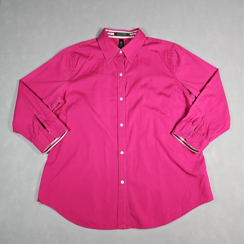 Lauren Ralph Lauren Womens Pink 3/4 Sleeve Button Up Blouse Size Large